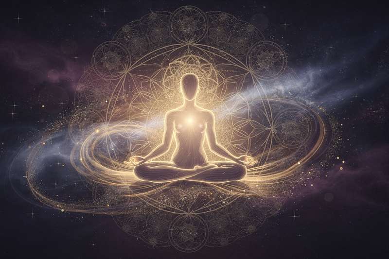 Persona meditando en la naturaleza mientras observa el atardecer con expresión de paz y autoconocimiento.