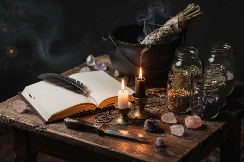 Mujer realizando un ritual de manifestación con velas encendidas y cristales sobre un altar sagrado.