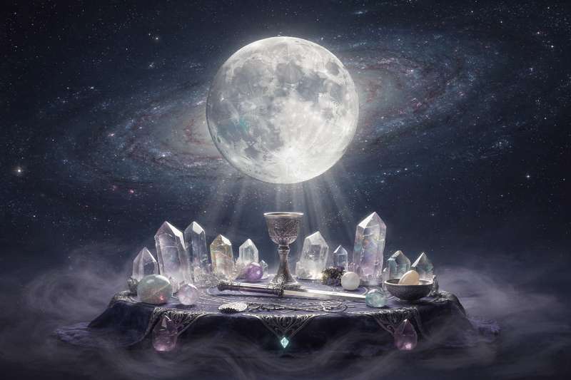 Representación simbólica de la Luna llena sobre un paisaje nocturno con energía mística y ritual sagrado.