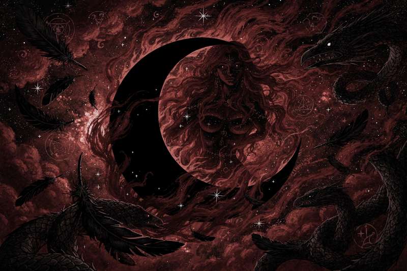 Representación astrológica de Lilith Luna Negra mostrando su influencia en las relaciones y deseos apasionados del ser humano.