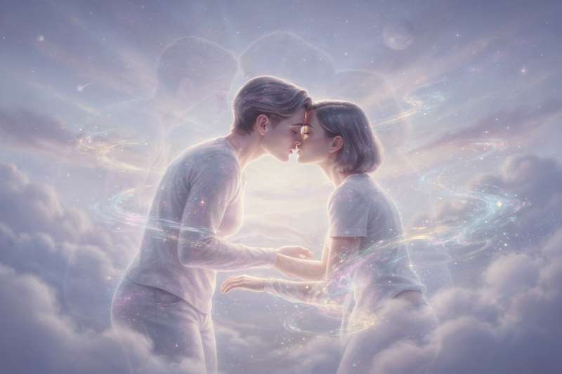 Pareja besándose en la oscuridad representando un encuentro íntimo en el mundo onírico.