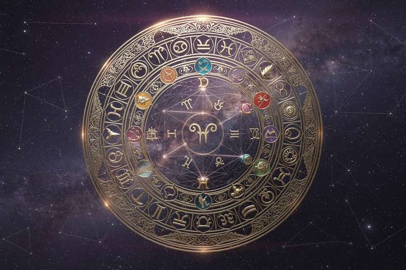 Representación simbólica de la Luna Negra Lilith en una carta astral con constelaciones y elementos zodiacales.