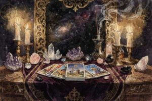 Baraja de tarot con cartas sobre mesa de madera rodeadas de cristales y elementos naturales para lectura espiritual.