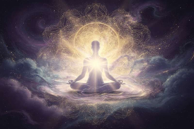 Mujer meditando en la naturaleza rodeada de luz dorada, reflejando equilibrio emocional y protección energética.