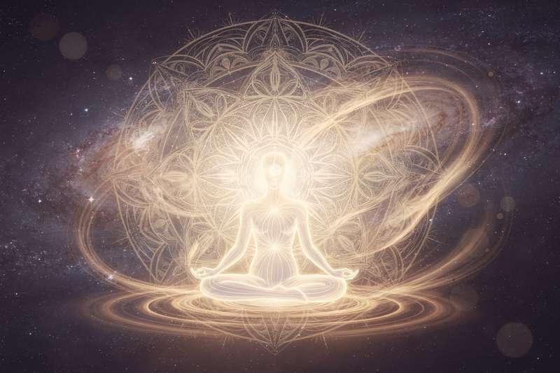Mujer meditando en la naturaleza mientras recibe iluminación espiritual y conecta con su intuición interior.