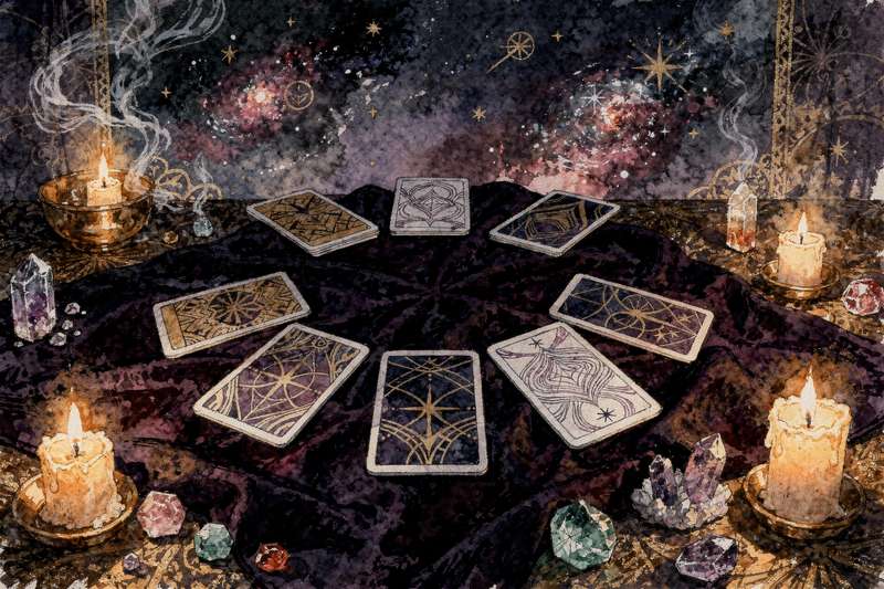 Disposición de cartas de tarot en patrón circular para realizar una tirada de alineación espiritual.