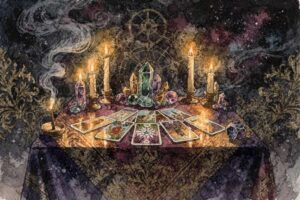 Baraja de tarot dispuesta en círculo durante un eclipse solar para un ritual de manifestación bajo luna nueva.