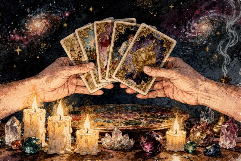 Mazo de tarot disperso sobre una superficie con cartas boca arriba mostrando diferentes arcanos mayores y menores.