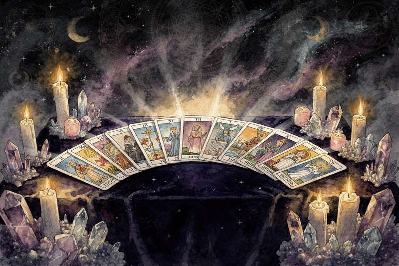 Cartas de los Arcanos Mayores dispuestas para una lectura diaria de tarot que revela mensajes espirituales.