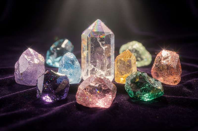 Cristales de diferentes colores y formas dispuestos sobre una superficie para elegir la piedra de sanación más adecuada.