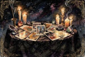 Tirada de cartas del tarot dispuestas sobre una mesa con símbolos esotéricos y velas encendidas.