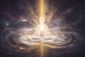 Persona meditando en posición de loto rodeada de símbolos de prosperidad y luz dorada que representan la abundancia financiera.