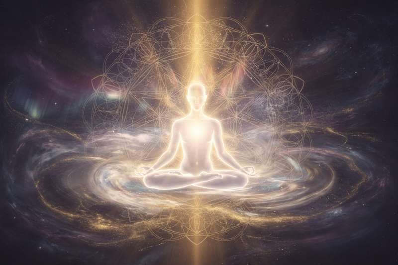 Persona meditando en posición de loto rodeada de símbolos de prosperidad y luz dorada que representan la abundancia financiera.