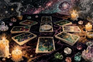 Cartas del tarot dispuestas en patrón de lectura para analizar la situación y dinámica de una pareja.