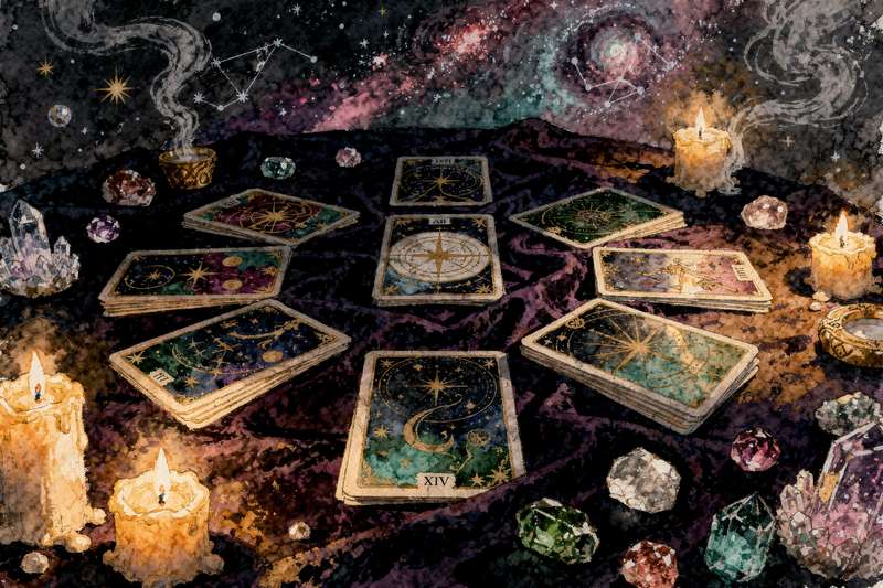 Cartas del tarot dispuestas en patrón de lectura para analizar la situación y dinámica de una pareja.