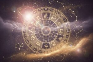 Configuración astrológica de la Luna Azul en Sagitario con influencias románticas sobre los signos del zodiaco.