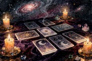 Cartas del tarot dispuestas en círculo para una lectura de gratitud y agradecimiento durante la festividad.