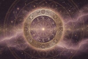 Símbolo astrológico de Pallas en el signo zodiacal de Piscis con elementos acuáticos y patrones oníricos de fondo.
