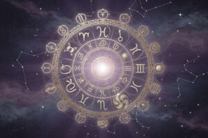 Representación gráfica de los doce signos zodiacales con sus límites y transiciones entre periodos astrológicos.