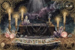 Baraja de tarot dispuesta sobre un fondo azul acuático reflejando la energía empática y espiritual de Piscis.