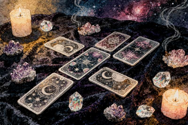 Cartas de tarot dispersas sobre una superficie con cristales y velas que representan una sesión de lectura energética.