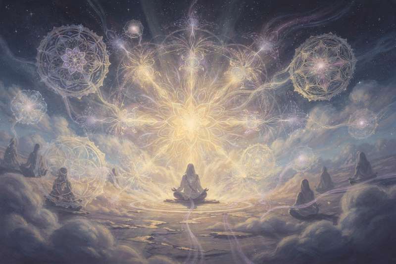 Composición geométrica con símbolos esotéricos y patrones sagrados que representan la conexión espiritual plasmada en el arte...