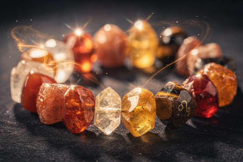 Piedras naturales de color dorado y rojo dispuestas sobre una superficie oscura para potenciar la energía del signo Leo.