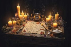Cristales y velas dispuestos en círculo sobre un altar para un ritual honrando a la figura paterna.
