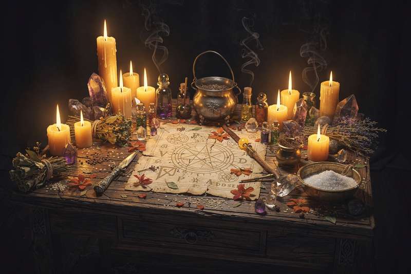Cristales y velas dispuestos en círculo sobre un altar para un ritual honrando a la figura paterna.