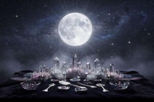 Plenilunio resplandeciente en el cielo nocturno durante la época de cosecha de bayas silvestres y maduración de frutos.