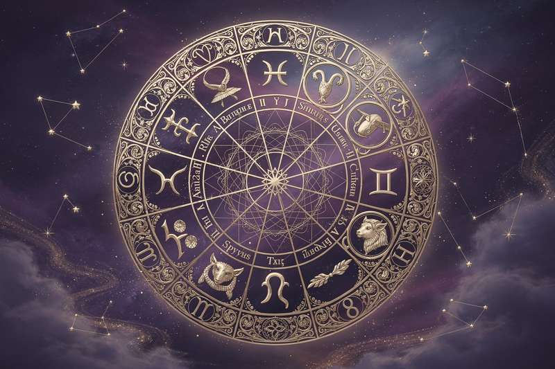 Calendario lunar y símbolos zodiacales superpuestos sobre un huerto con plantas germinando bajo la influencia astrológica.