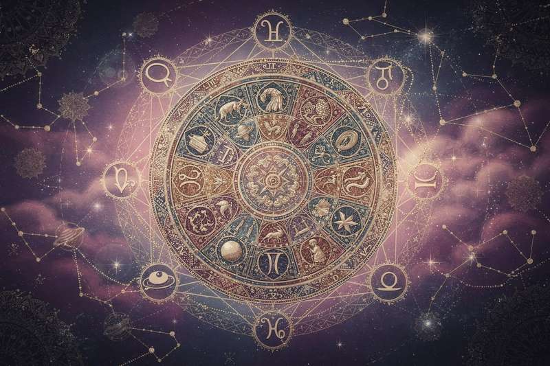 Representación de cartas astrales y símbolos del zodiaco utilizados en la tradición del emparejamiento matrimonial hindú.