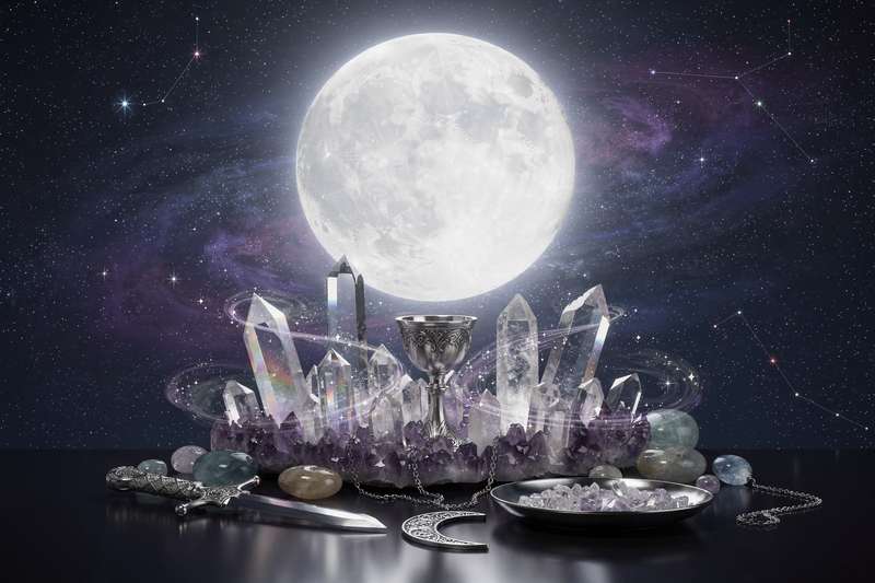 Cristales brillantes dispuestos en círculo bajo luz lunar, representando las propiedades energéticas y místicas de las piedras...