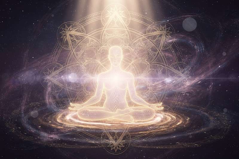 Mujer meditando en la naturaleza con expresión de paz y conexión espiritual interior.