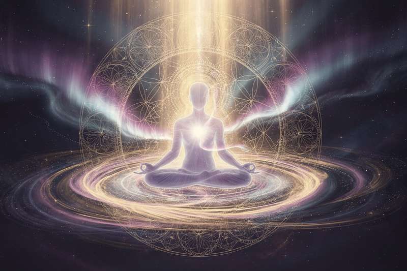 Persona meditando en posición de loto rodeada de monedas y luz dorada que representa la conexión entre prosperidad y...
